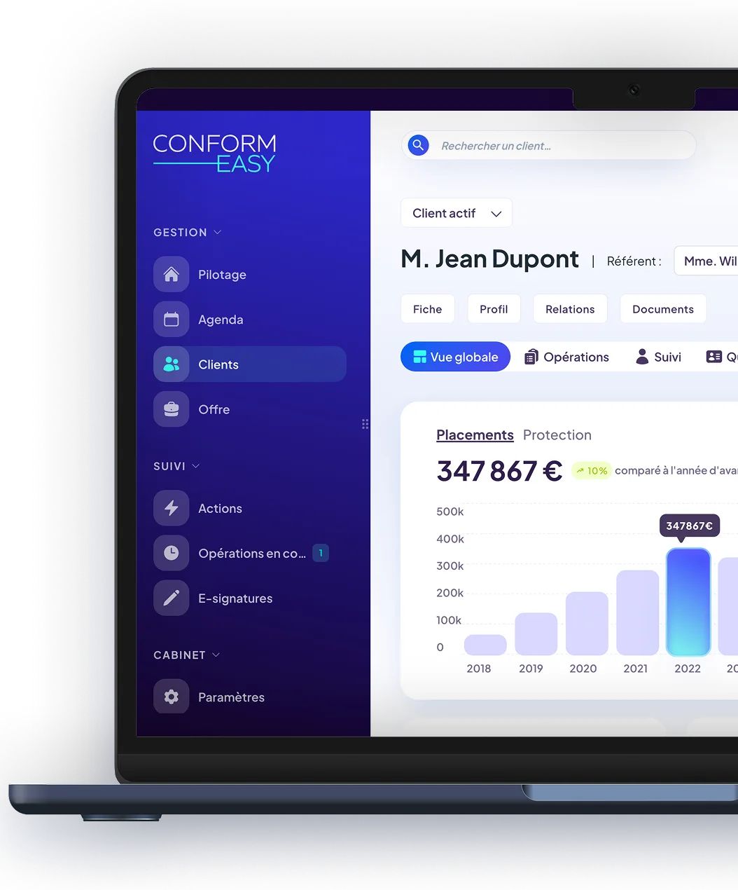 Interface ConformEasy : fiche client et suivi des placements